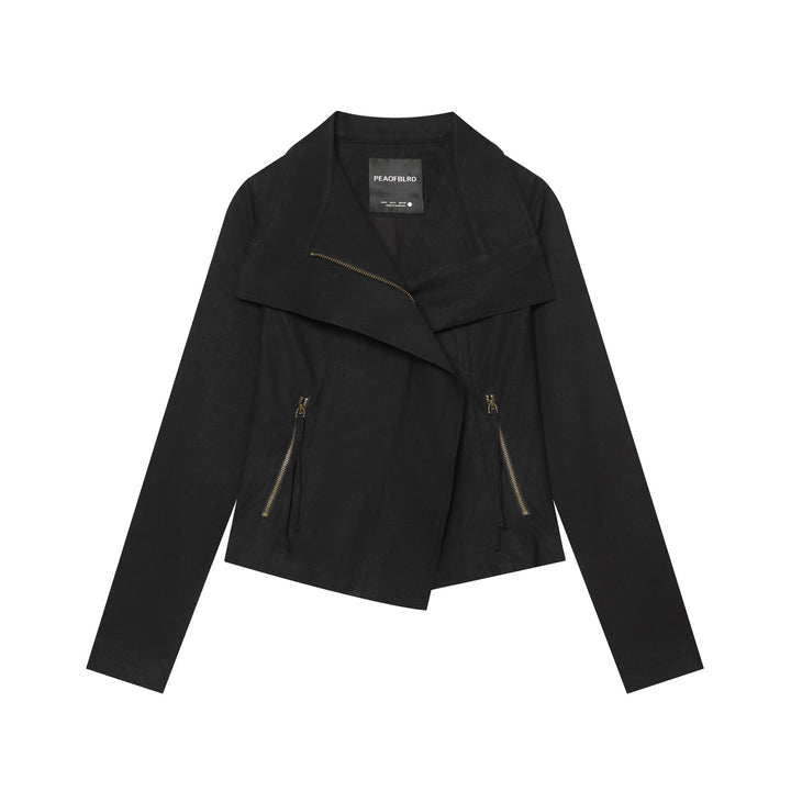 Ladies Asymmetrical Transitional Jacket with Wide Lapel and Drawstring Hood