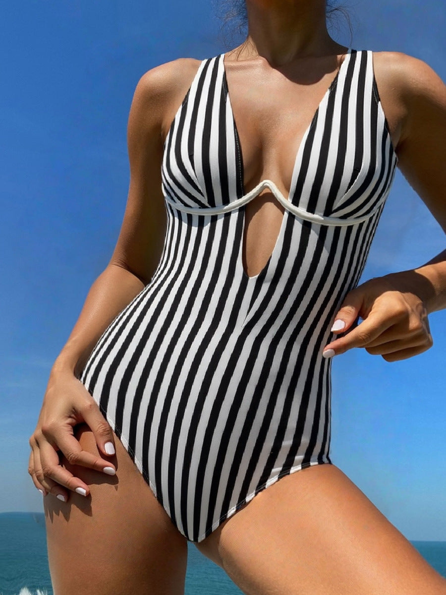 Women's One-Piece Swimsuit with Deep V-Neck and Elegant Stripes Mune Fashion