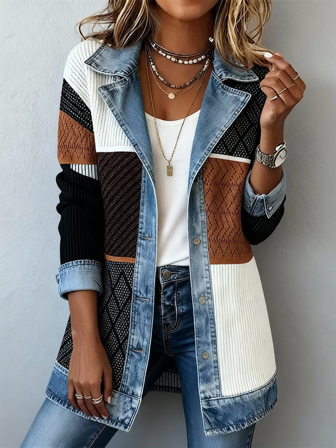 Women Long Knit Coat with Denim Collar Mune Fashion