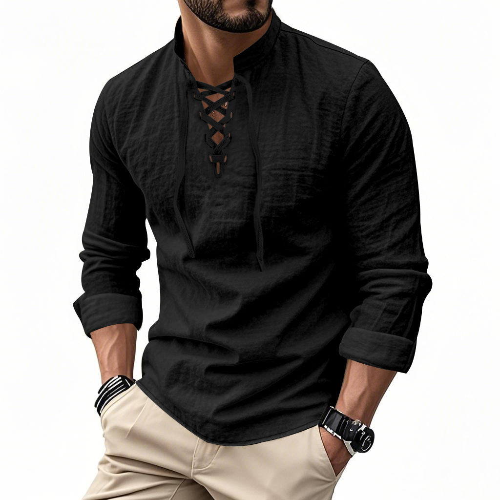 Men's casual sailor-style shirt with stand collar and lace-up front Mune Fashion