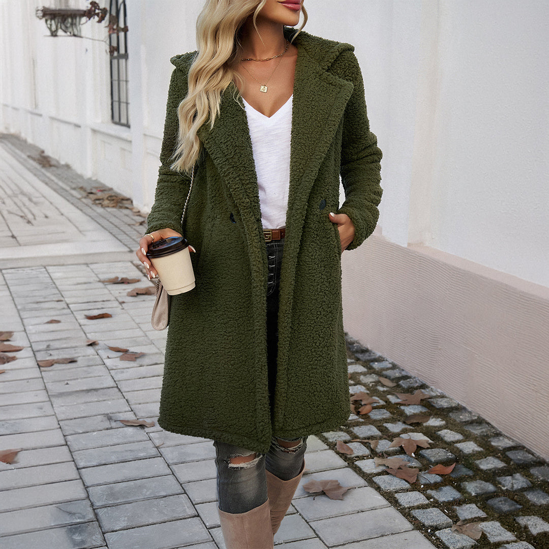 Women's cozy teddy coat with hood, double-breasted button placket and side pockets Mune Fashion