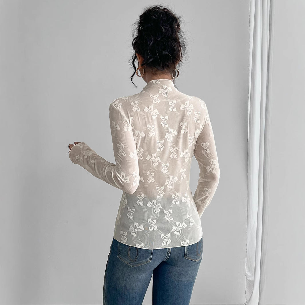 Women's figure-hugging transparent long sleeve top made of mesh fabric with floral embroidery and standing collar Mune Fashion