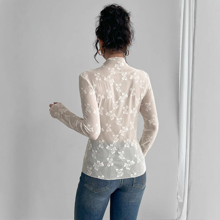 Women's figure-hugging transparent long sleeve top made of mesh fabric with floral embroidery and standing collar Mune Fashion