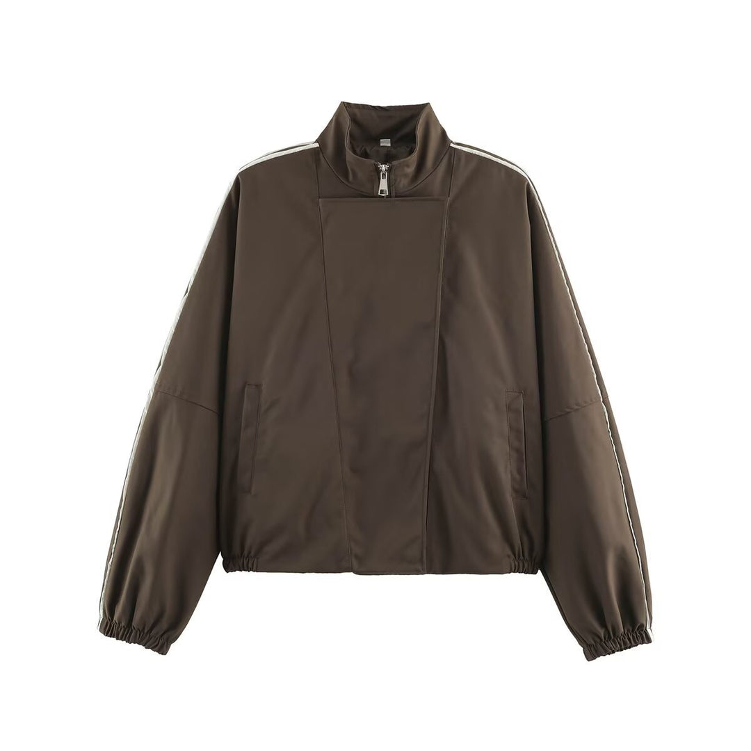 Women's Oversize Bomber Jacket in Blouson Style with High Stand-Up Collar, Concealed Zipper and Contrast Piping Mune Fashion