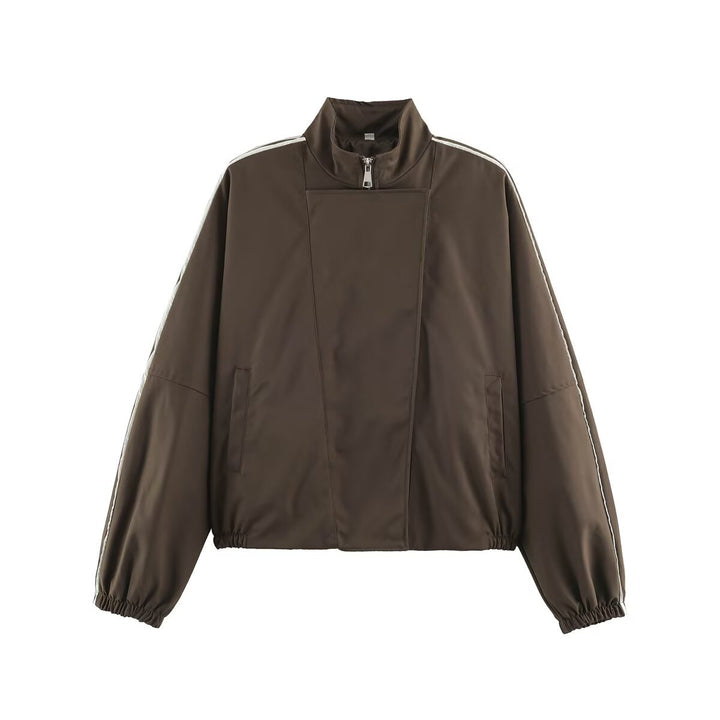 Women's Oversize Bomber Jacket in Blouson Style with High Stand-Up Collar, Concealed Zipper and Contrast Piping Mune Fashion
