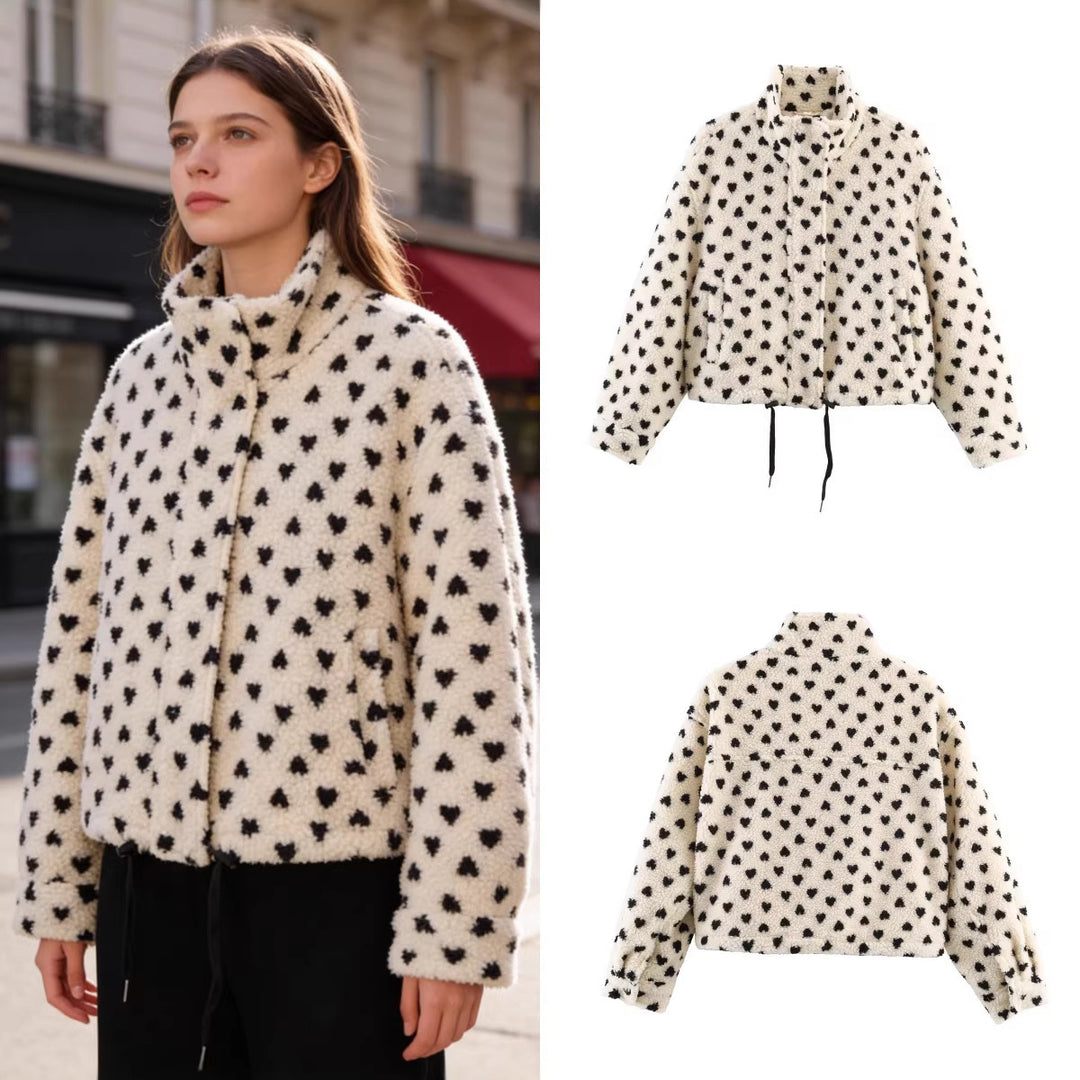 Women's Lined Teddy Jacket with Heart All-Over, Stand Collar and Drawstring Mune Fashion