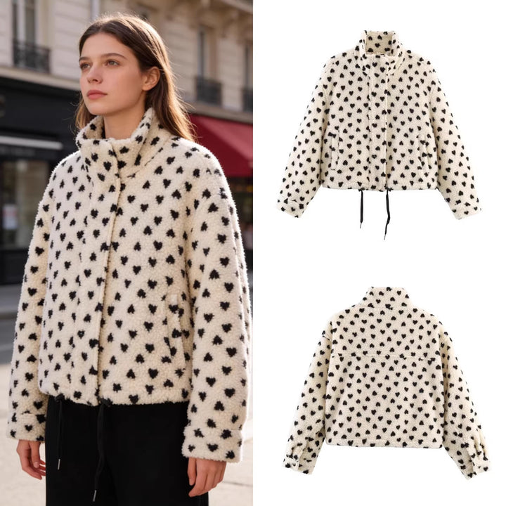 Women's Lined Teddy Jacket with Heart All-Over, Stand Collar and Drawstring Mune Fashion