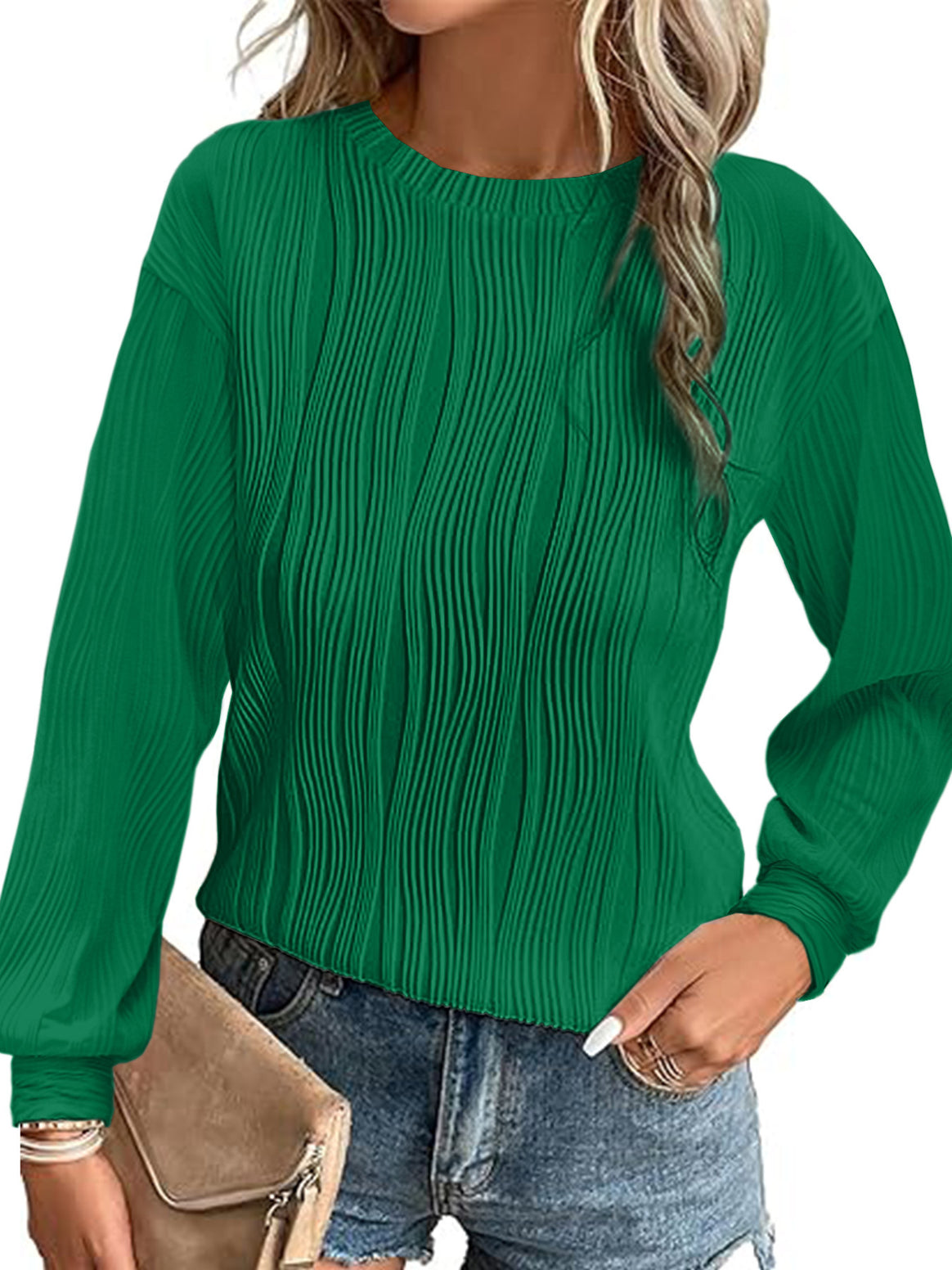 Women Pleated Fine Knit Long Sleeve with Round Neck Mune Fashion