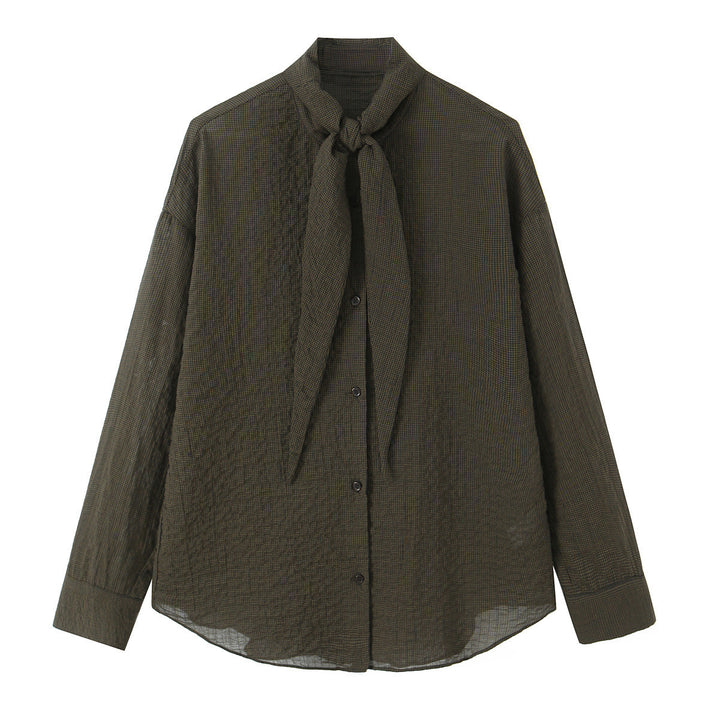 Women's Oversize Blouse with Bow Collar and Fine Vichy Check Mune Fashion