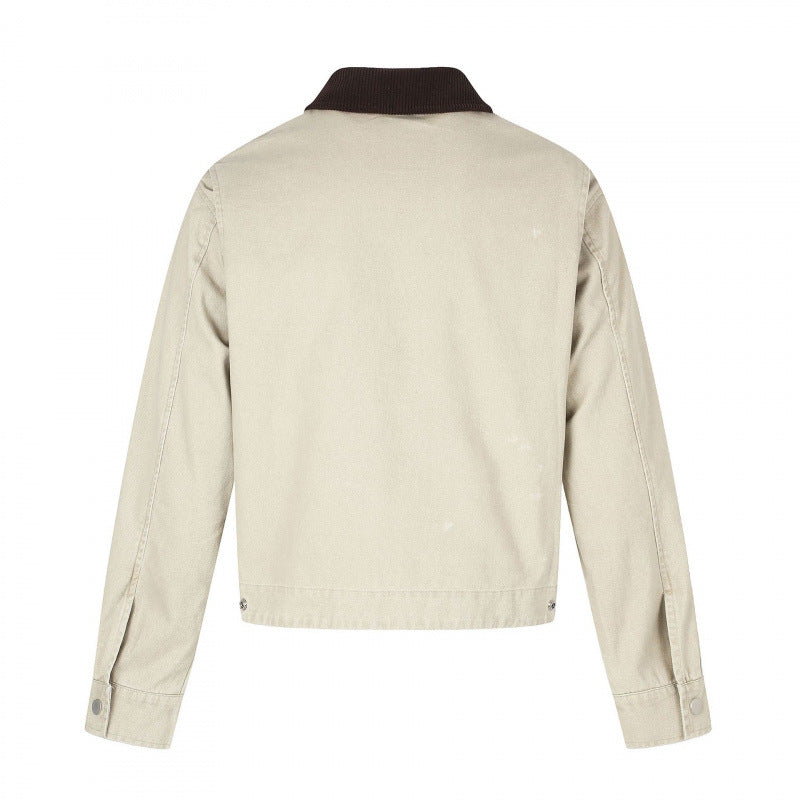Men's Short-Cut Canvas Bomber Jacket with Cord Collar and Large Photo Collage Print Mune Fashion