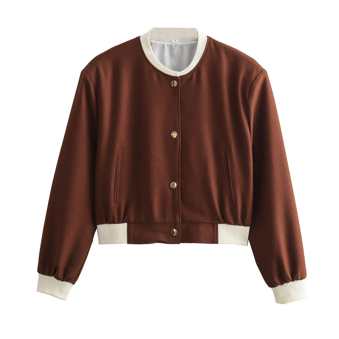 Women's Short Jacket in College Bomber Style with Concealed Snap Button Placket and Contrasting Ribbed Cuffs Mune Fashion