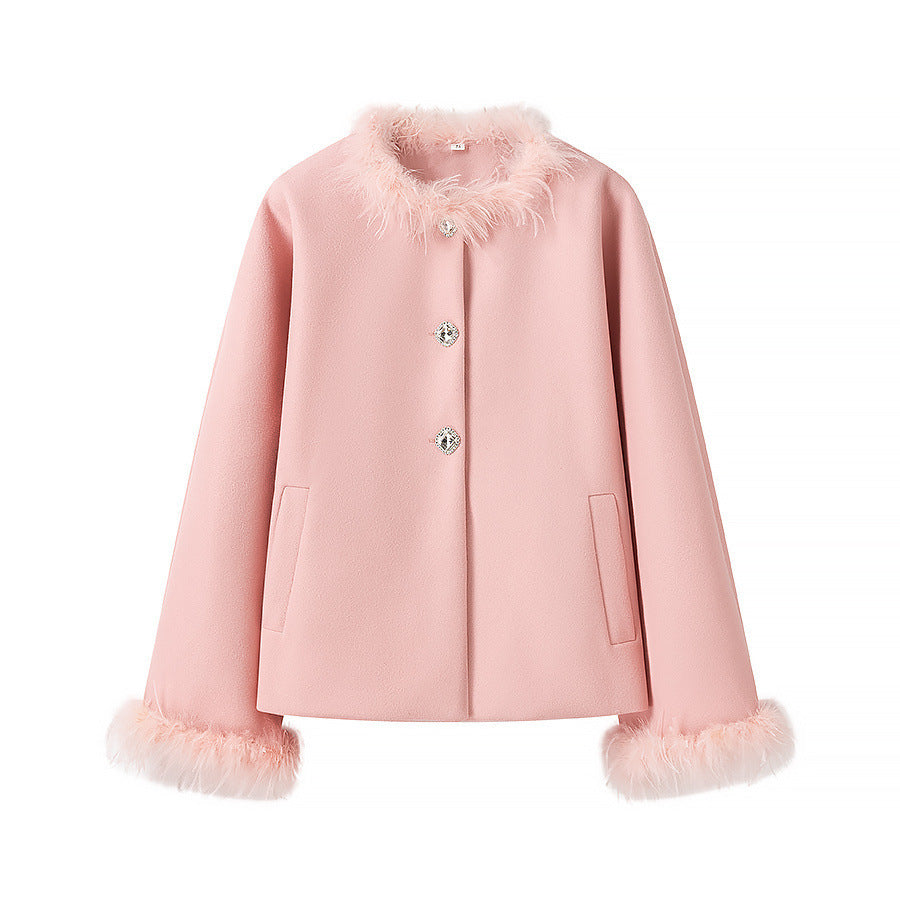 Women Elegant Short Coat with Faux Feather Trim and Decorative Buttons Mune Fashion