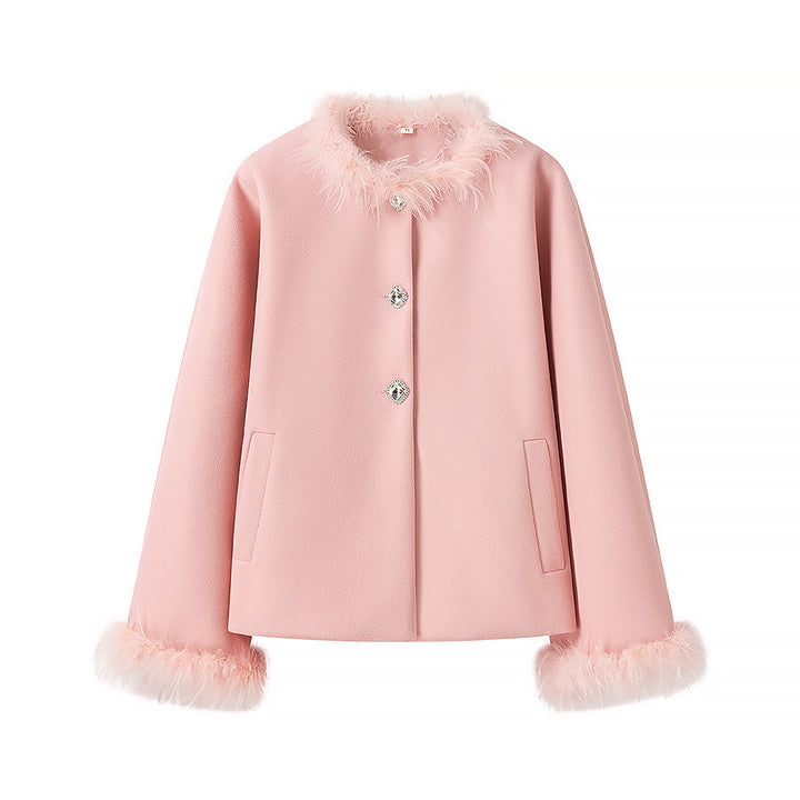 Women Elegant Short Coat with Faux Feather Trim and Decorative Buttons Mune Fashion