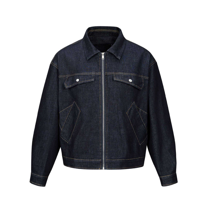 Unisex Tailored Denim Jacket with Metal Zipper and Flap Pockets Mune Fashion