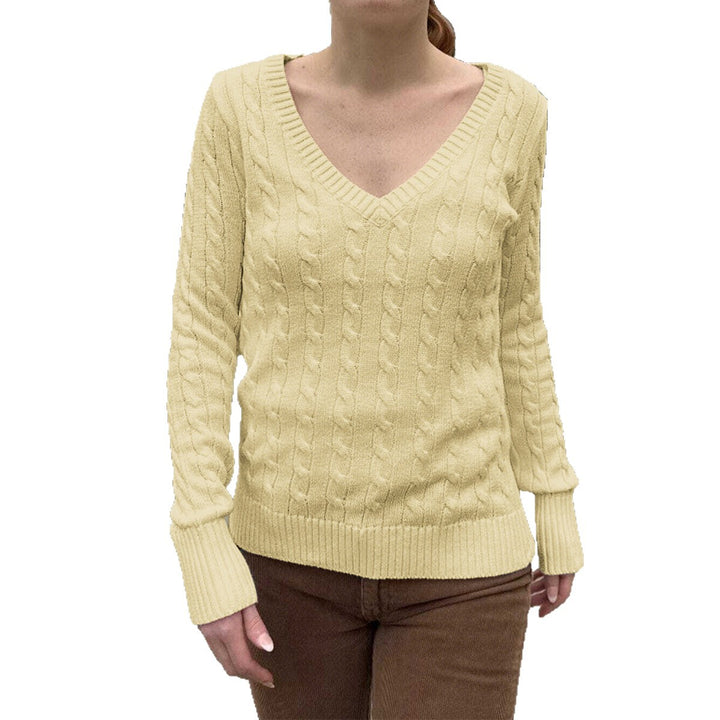 Women's fine knit pullover with cable pattern, deep V-neck and narrow waistband fit Mune Fashion