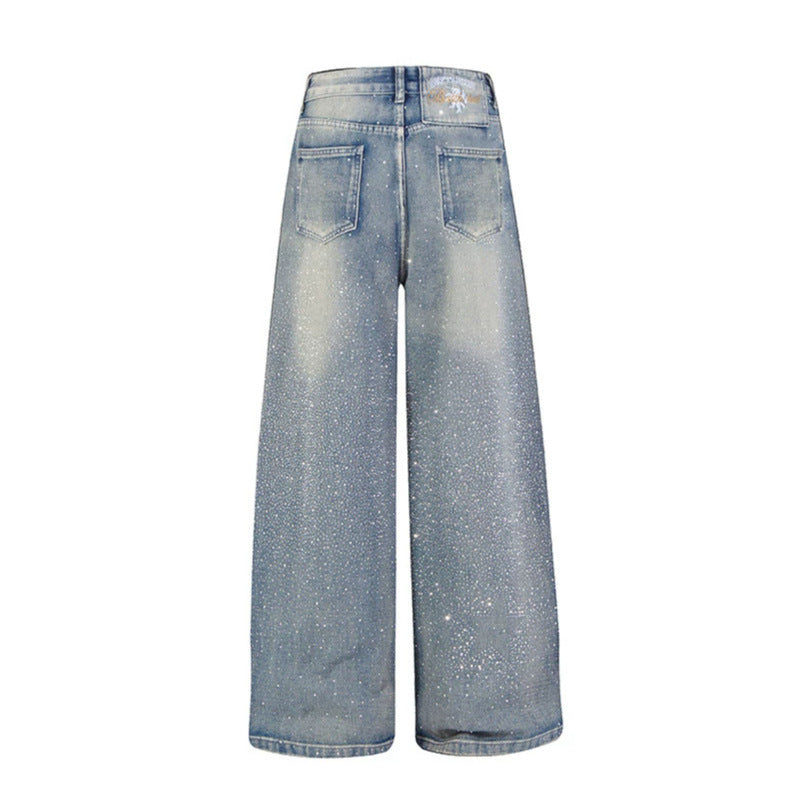 Women wide high-cut palazzo jeans with glitter effect and vintage wash Mune Fashion