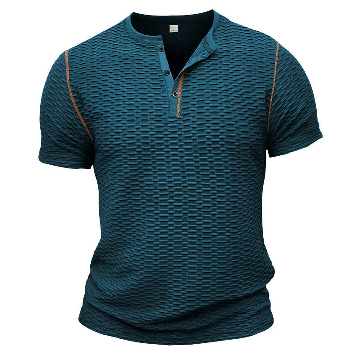 Men's structured short-sleeve henley with three-dimensional relief structure, reinforced button placket, and contrast piping Mune Fashion