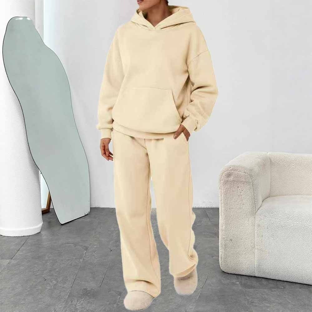 Women's two-piece leisure lounge set with hoodie, kangaroo pocket, and straight lounge pants made of soft cotton blend Mune Fashion