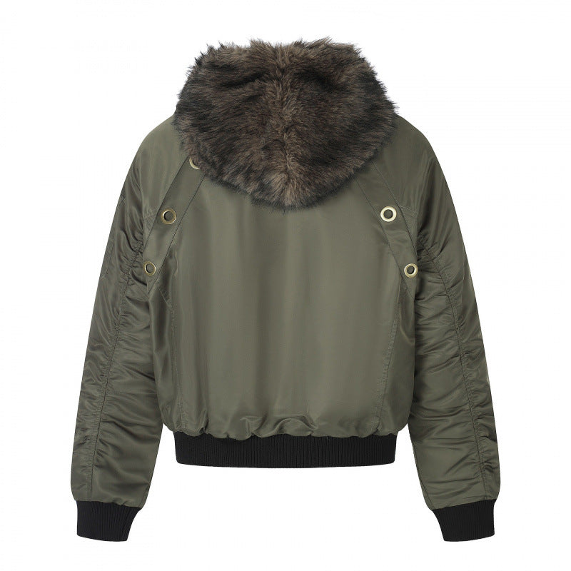 Women's short-cut bomber jacket with faux fur hood, metal eyelets and zipper Mune Fashion