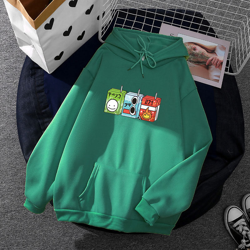 Ladies oversized hoodie with cartoon drink carton print, kangaroo pocket and soft inner lining Mune Fashion