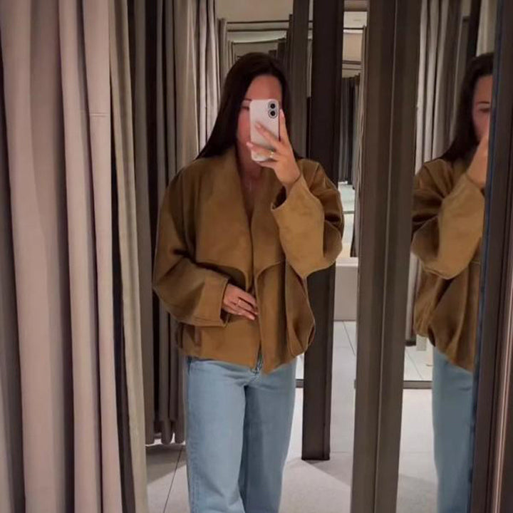 Womens Oversized Velvet Waterfall Jacket with boxy Cropped Silhouette and concealed Placket