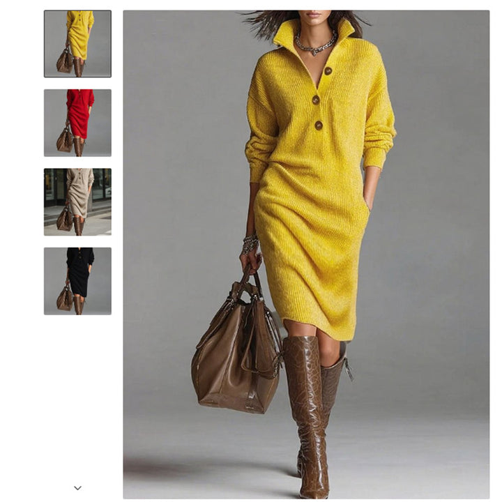 Women's knitted sweater dress with polo collar, patch pockets and casual fit Mune Fashion