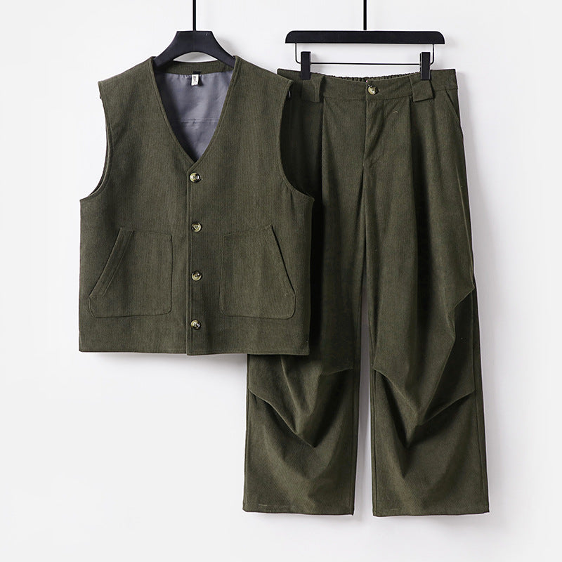 Men's cord loungewear set with V-neck vest and wide pleated trousers Mune Fashion