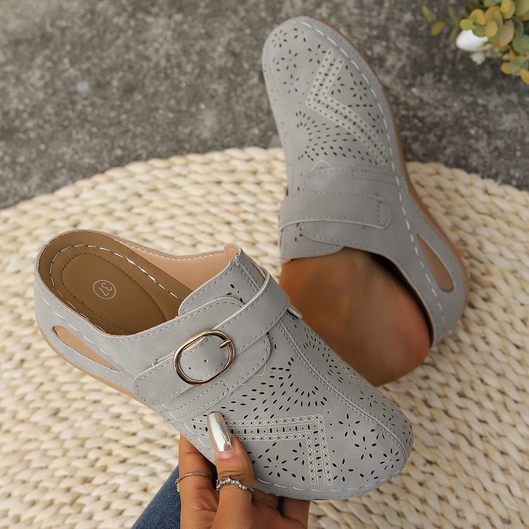 Women Breathable Faux Leather Mules with Ergonomic Comfort Footbed and Decorative Cut Mune Fashion