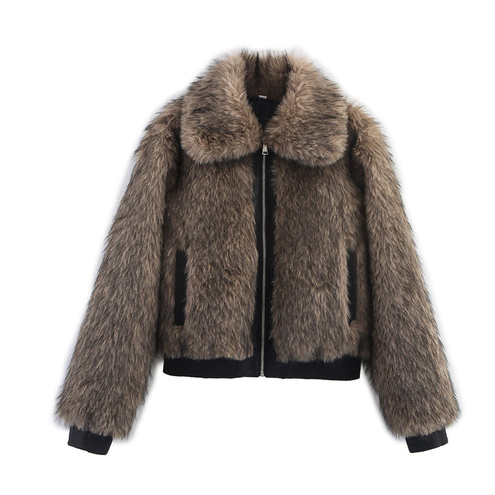 Women's short teddy bomber jacket with large shawl collar, zipper, and ribbed hem Mune Fashion
