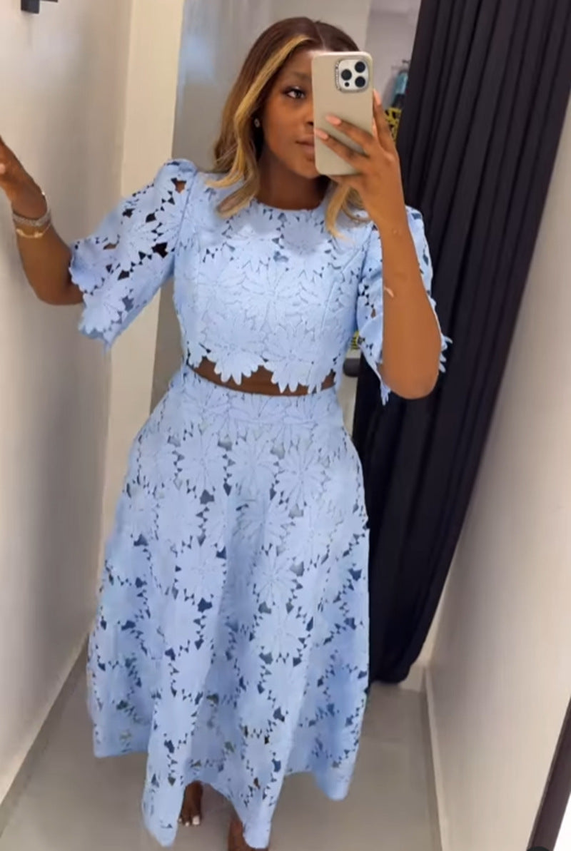 Women's two-piece floral lace dress with midi skirt and short top Mune Fashion