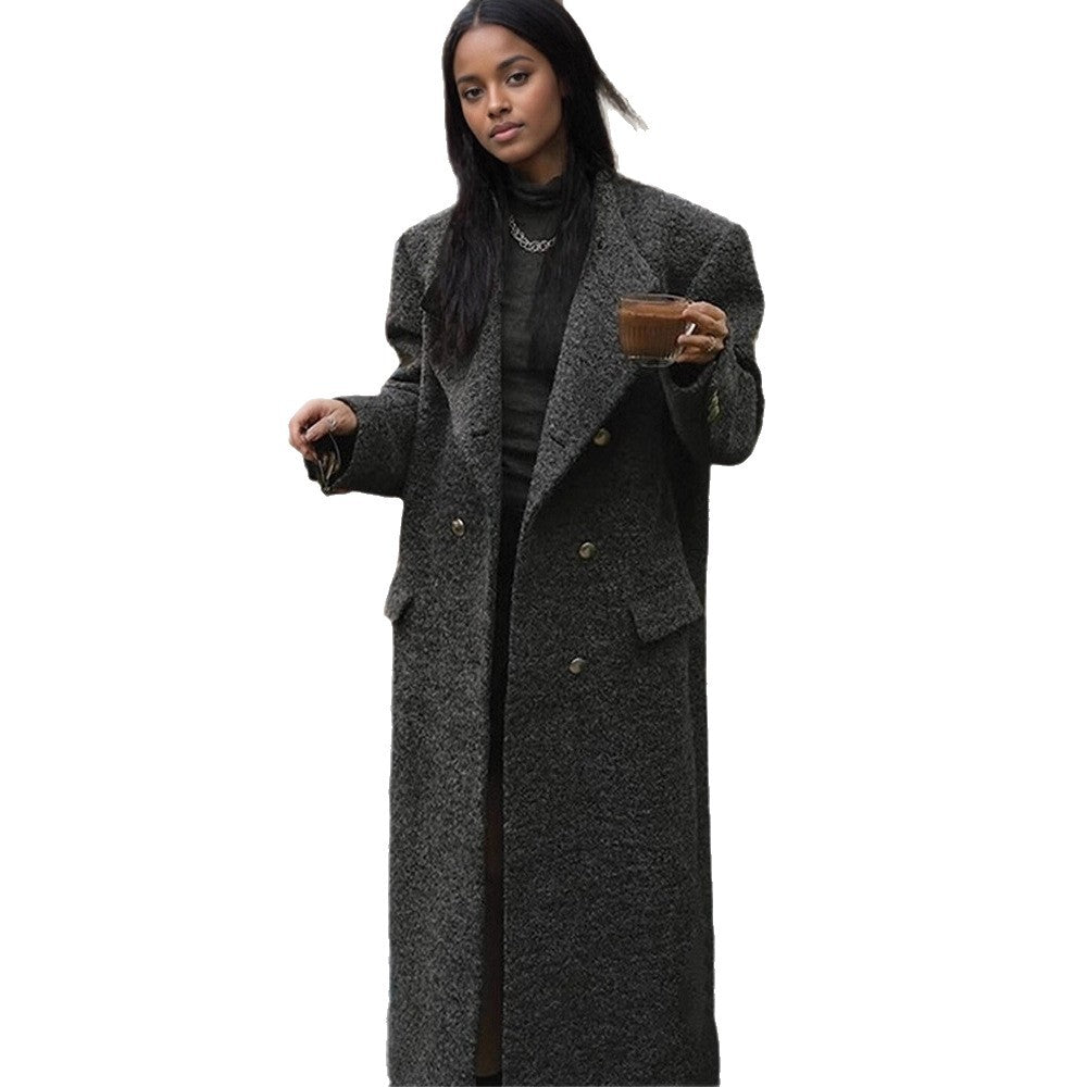 Women Maxi Long Oversize Wool Blend Coat Double-Breasted with Boxy Silhouette and Patch Pockets Mune Fashion