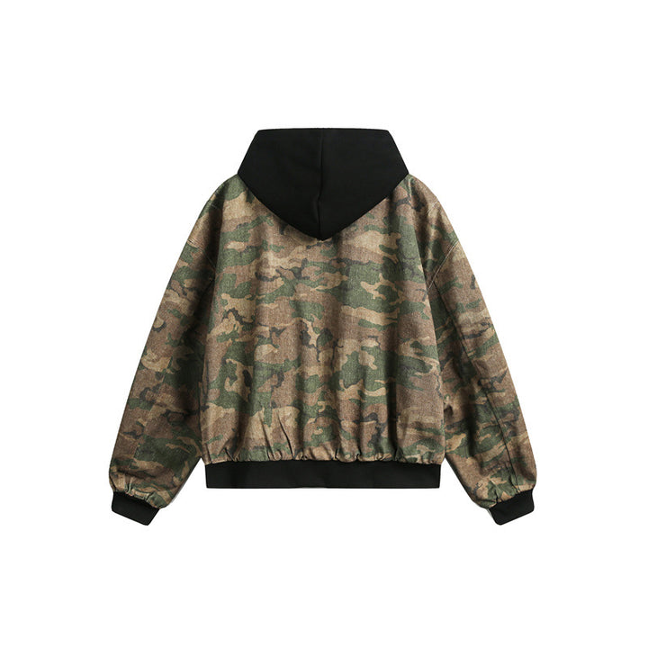 Men's short-cut oversized bomber in layer look with integrated hood and camouflage jacquard fabric