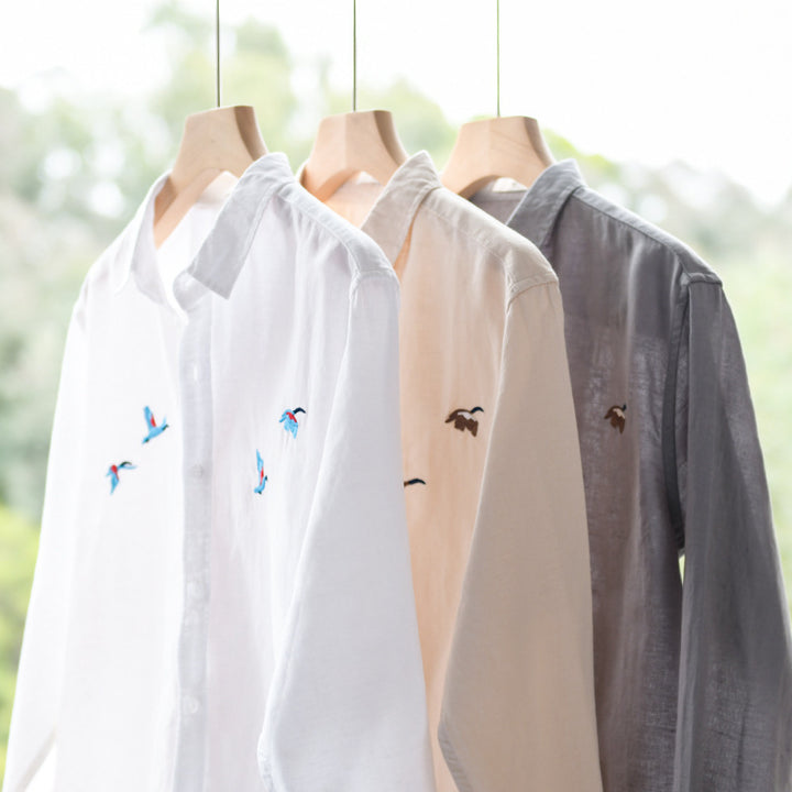 Men's Lightweight Linen Shirt with Fine Bird Embroidery and Relaxed Fit Mune Fashion
