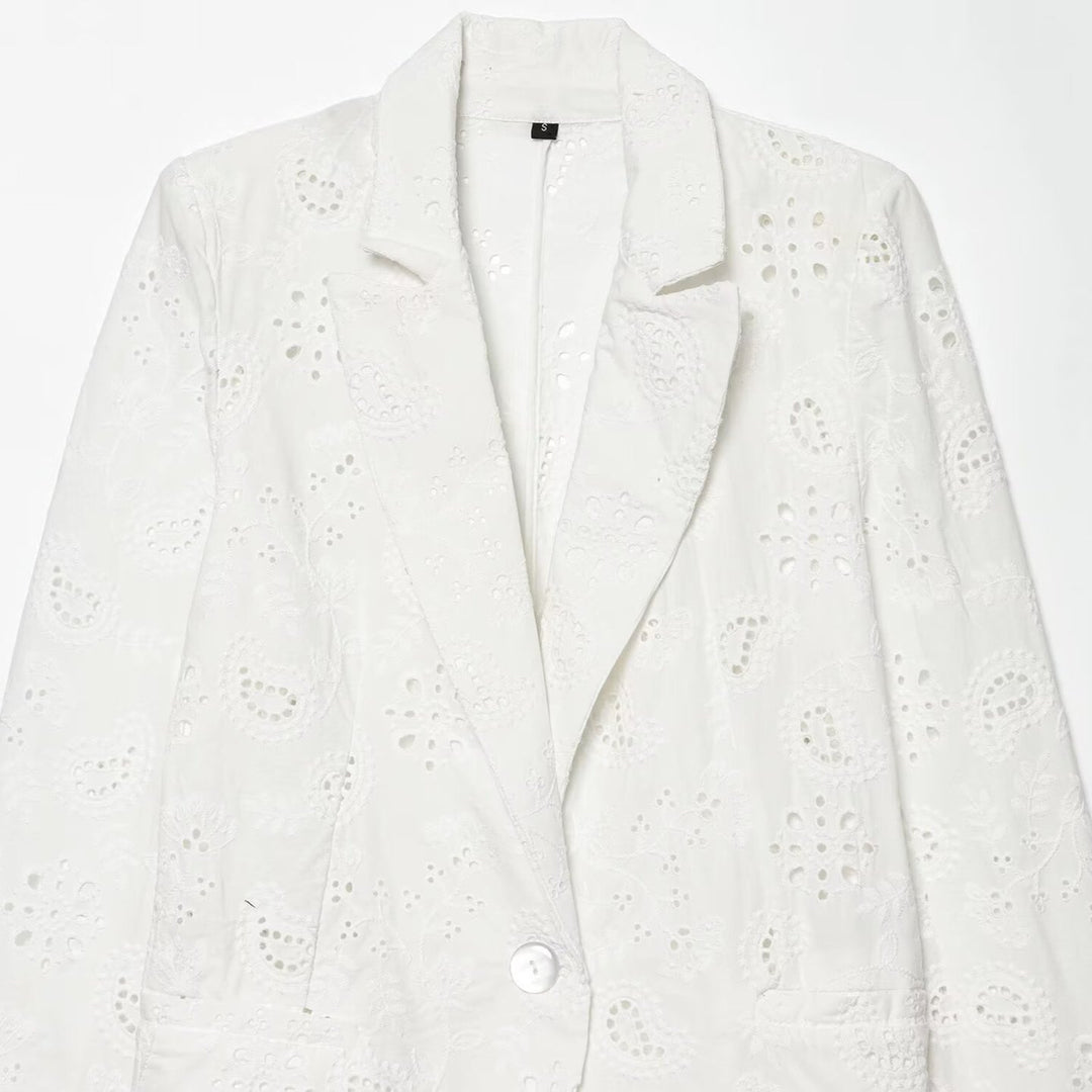 Women's Lightweight Broderie Anglaise Blazer with Shawl Collar and Eyelet Embroidery Mune Fashion