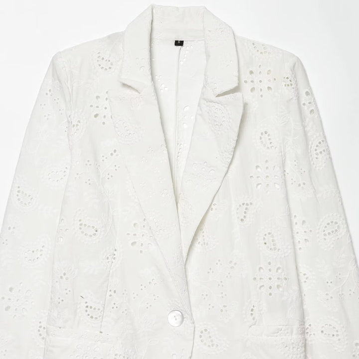 Women's Lightweight Broderie Anglaise Blazer with Shawl Collar and Eyelet Embroidery Mune Fashion