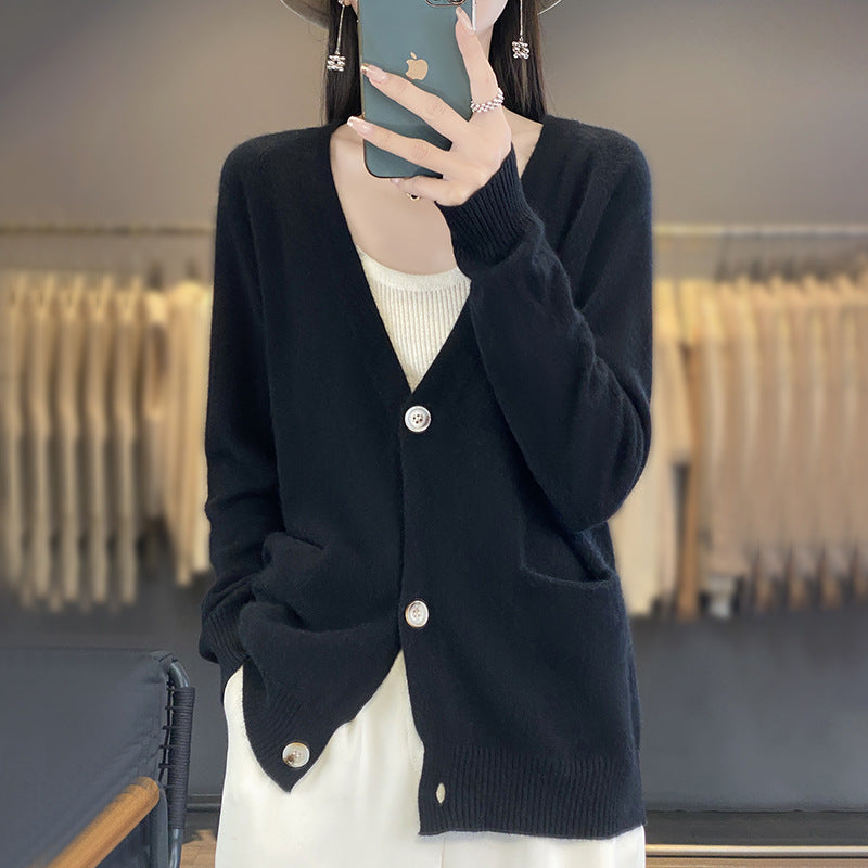 Women's Casual Fine Knit Cardigan with V-Neck, Hand Pockets and Wide Ribbed Cuff Mune Fashion