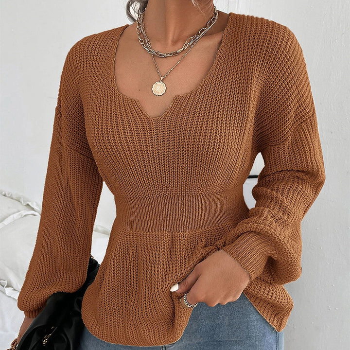 Women's Tailored Fine Knit Sweater with Notched V-Neck, Waist-Emphasizing Ribbed Area, and Balloon Sleeves Mune Fashion
