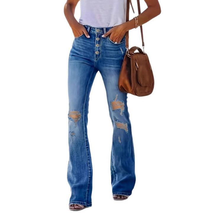Women's high-waisted flared jeans with visible button fly, destroyed knee & sculpting stretch fit Mune Fashion