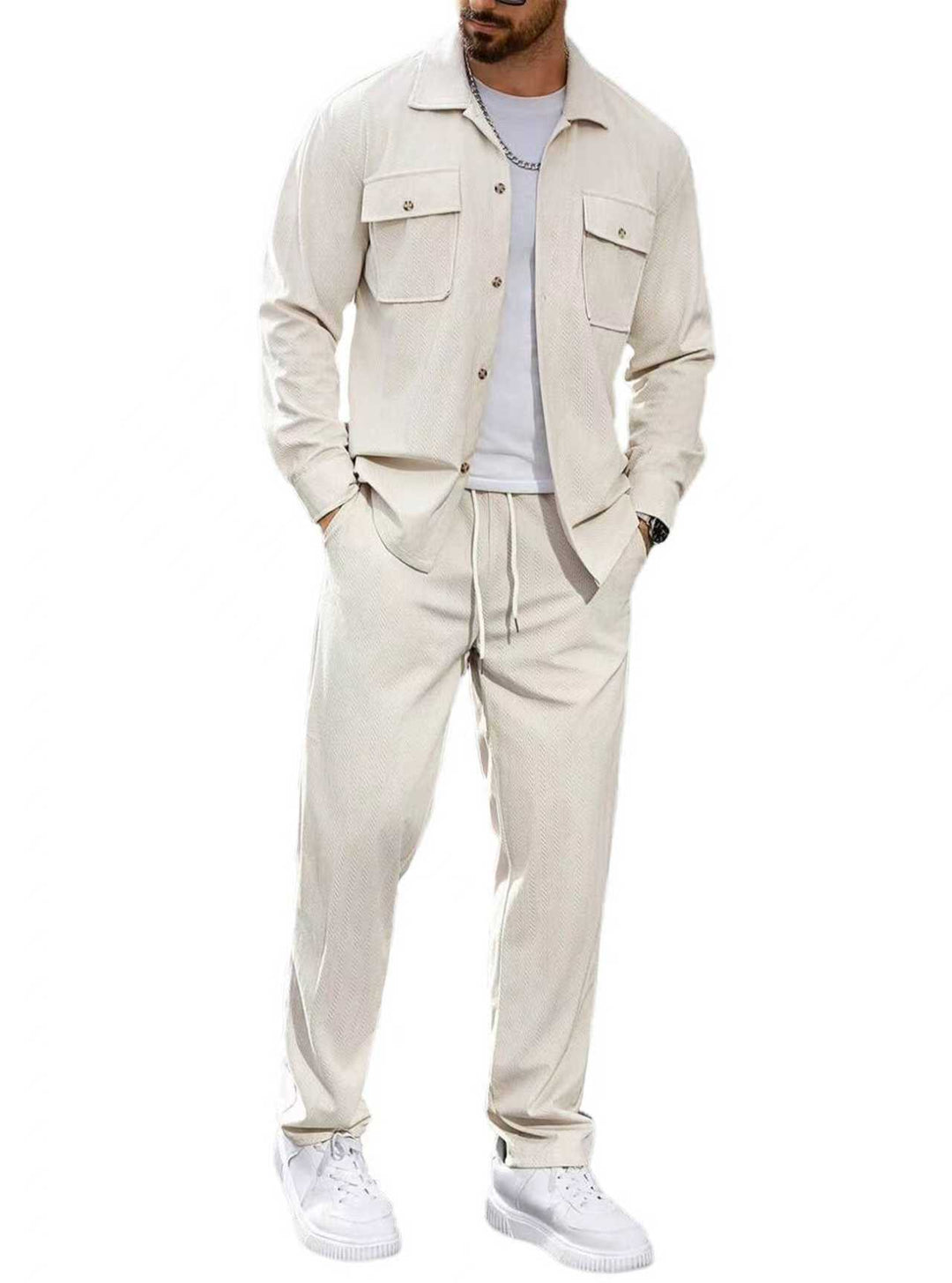 Men's casual two-piece shirt jacket with applied chest pockets and drawstring pants Mune Fashion