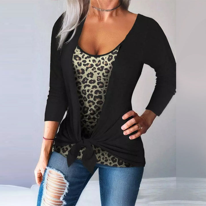 Women's Long Sleeve Shirt with Leopard Print Insert and Knot Front Mune Fashion