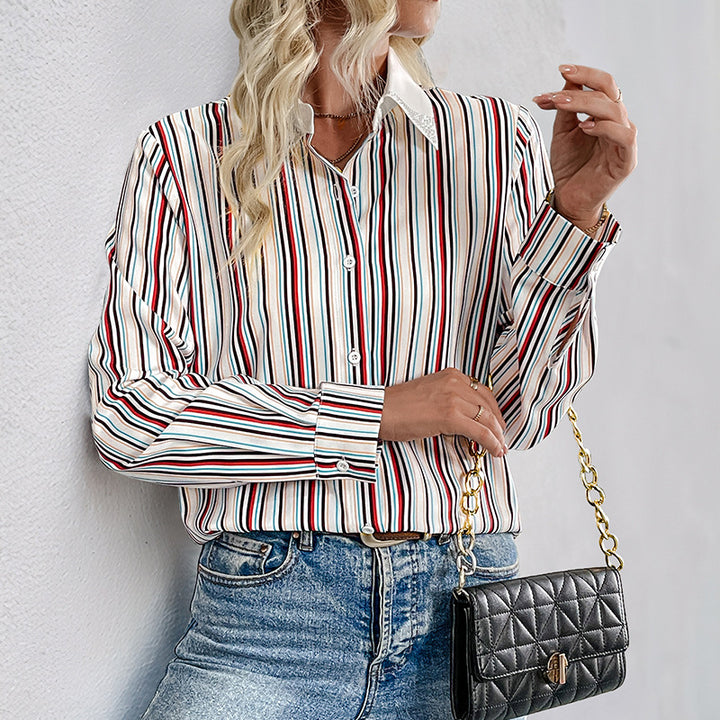 Women Elegant Striped Shirt Blouse with Decorative Collar and Roll-Up Cuffs Mune Fashion