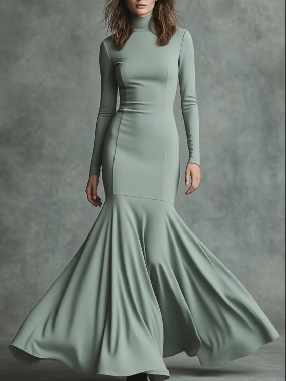 Women Elegant Long Sleeve Maxi Dress with High Neck and Flowing Skirt Mune