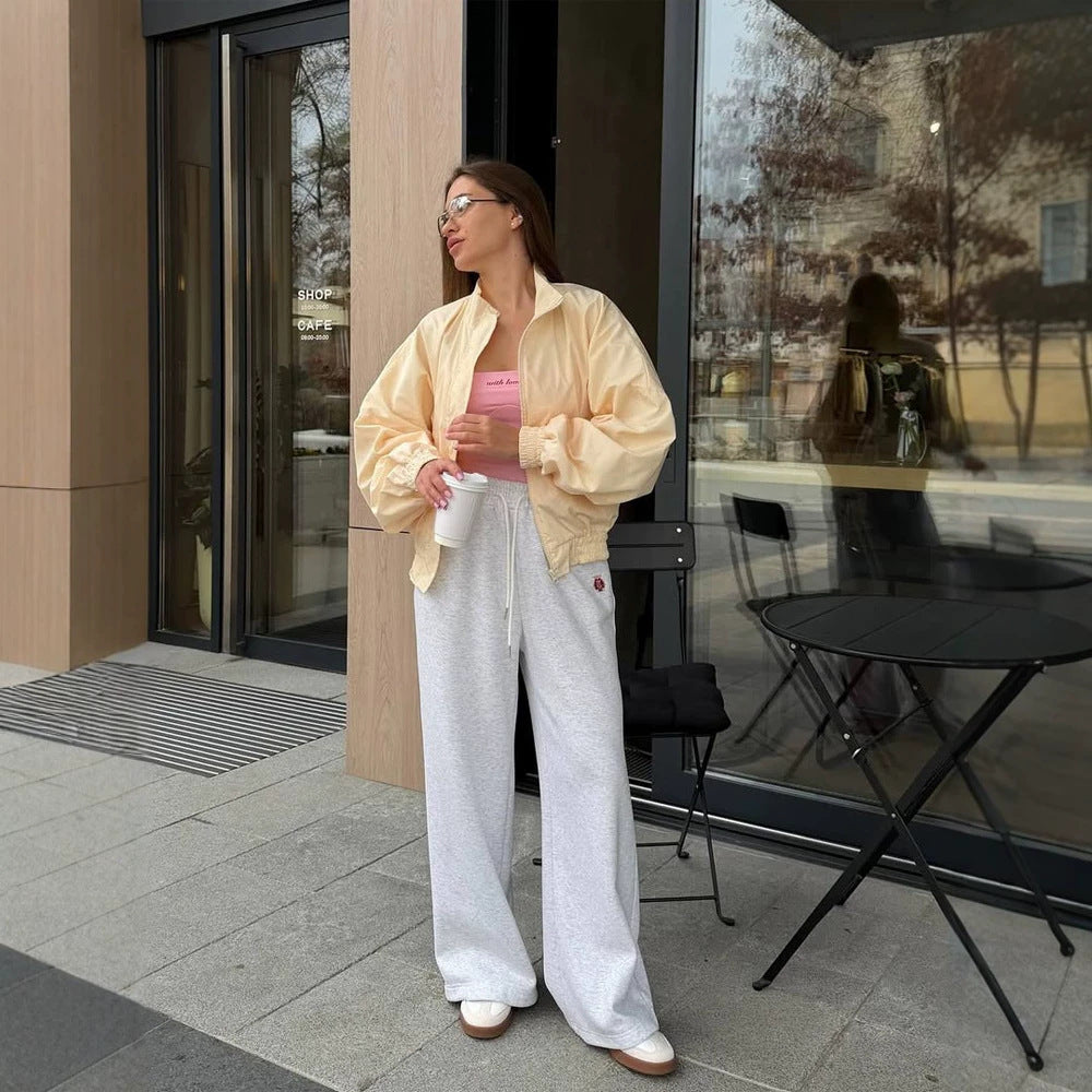 Women's Oversized Cropped Bomber Jacket with Stand Collar and Zipper