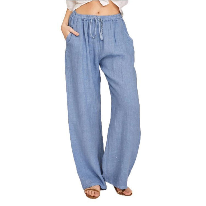 Women's Wide Linen Look Pants with Elastic Waistband, Drawstring and Side Pockets Mune Fashion
