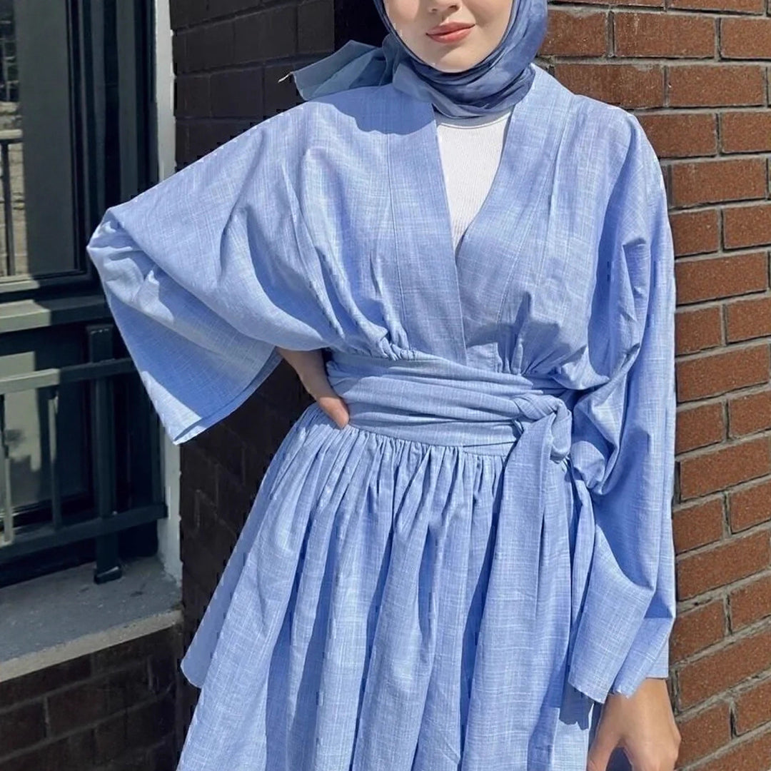 Women's kimono wrap dress in linen look with wide skirt and tie belt Mune Fashion