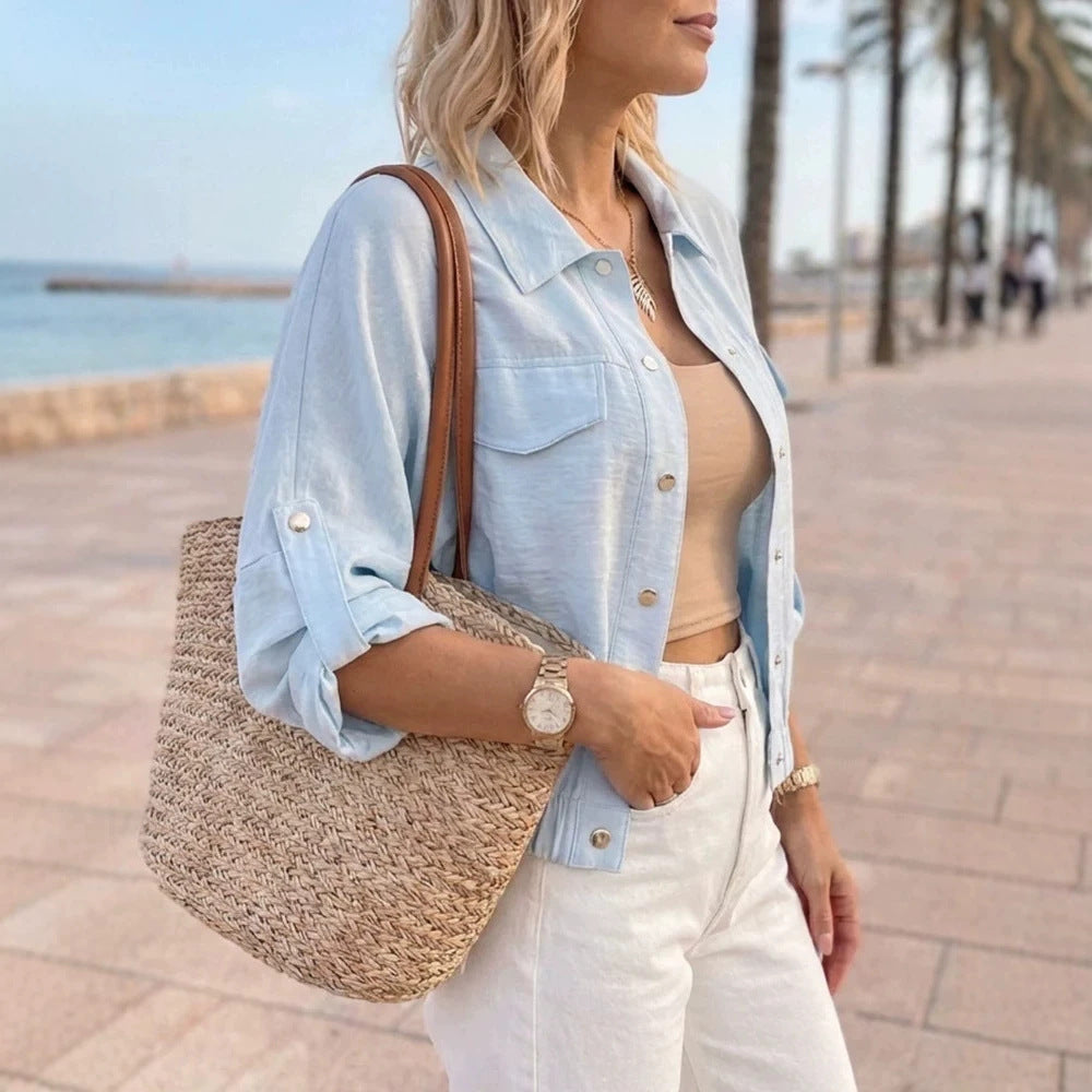 Women's Lightweight Chambray Boxy Jacket with Elastic Waistband, Snap Buttons, and Patch Chest Pockets Drune