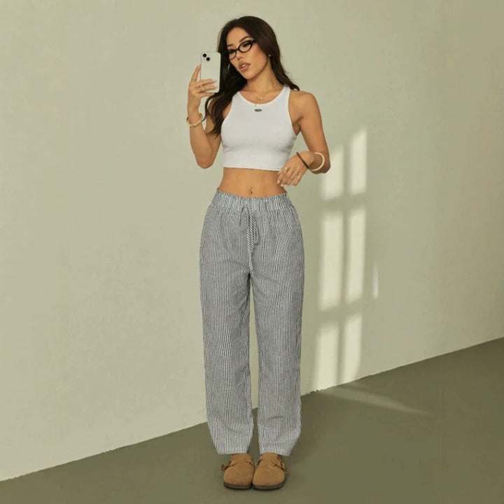 Women Linen Look Relaxed Trousers with High Waist, Drawstring and Pinstripes Drune