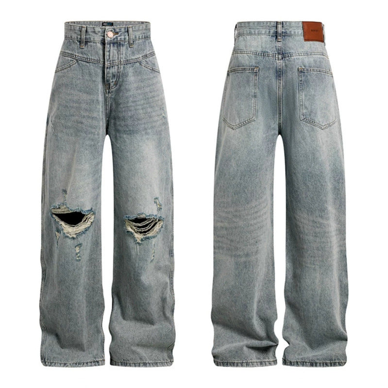 Women's Wide High-Cut Palazzo Jeans with Destroyed Knee Part