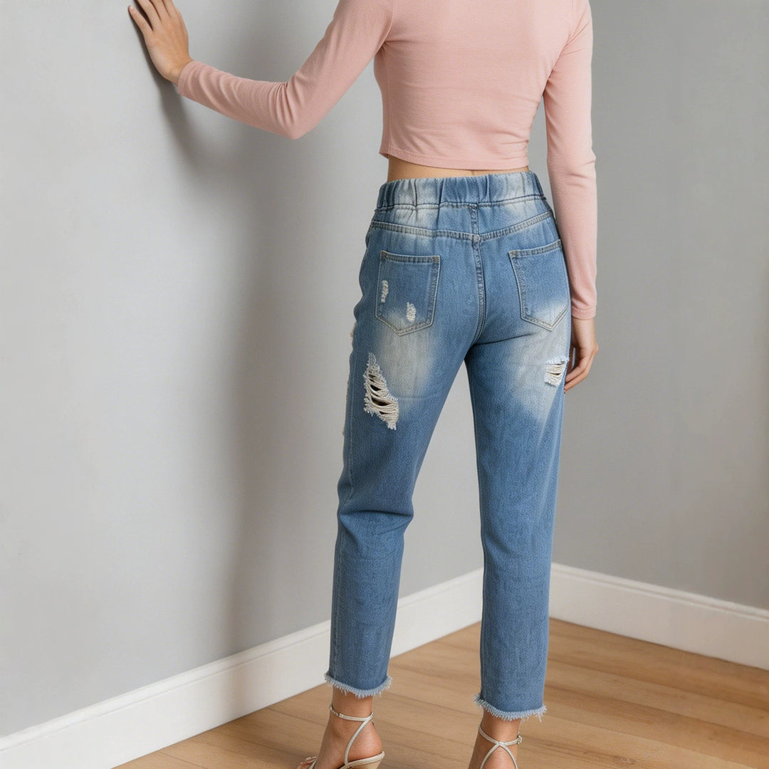 Women nan loose Destroyed-Denim Jogger with elastic drawstring waistband and frayed ankle hem Mune Fashion
