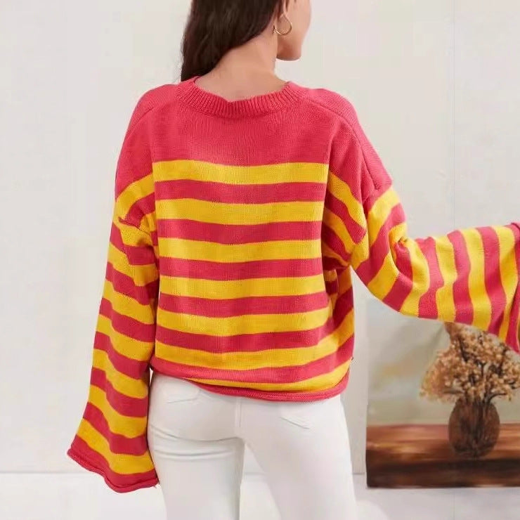 Women's Fashion Striped Crop Sweater with Floral Pattern
